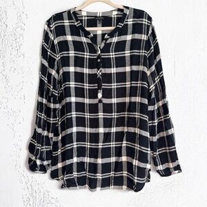 Talbots Black & White Plaid V-Neck Rayon Long Sleeve Blouse Top Size XL